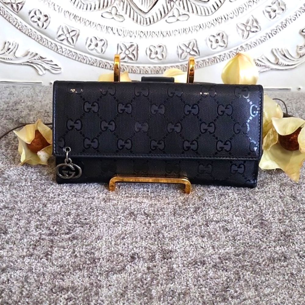 Gucci Imprime Black GG Long Wallet, Silver Hardware
